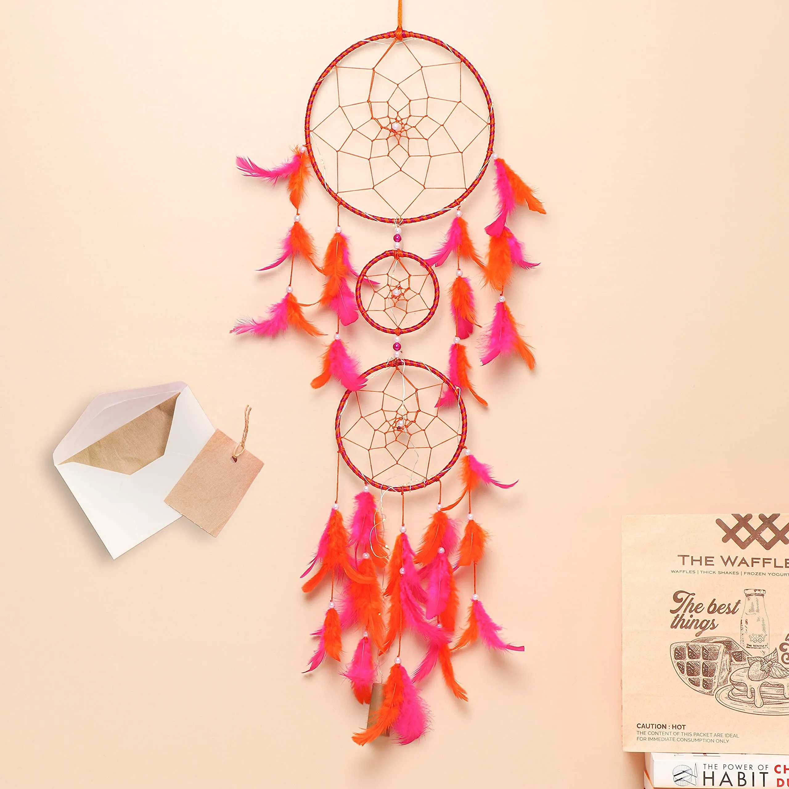 ILU Dream Catcher with Lights, Wall Hangings, Crafts, Home Decor, Bedroom - Orange & Pink Feathers (17 cm Diameter)