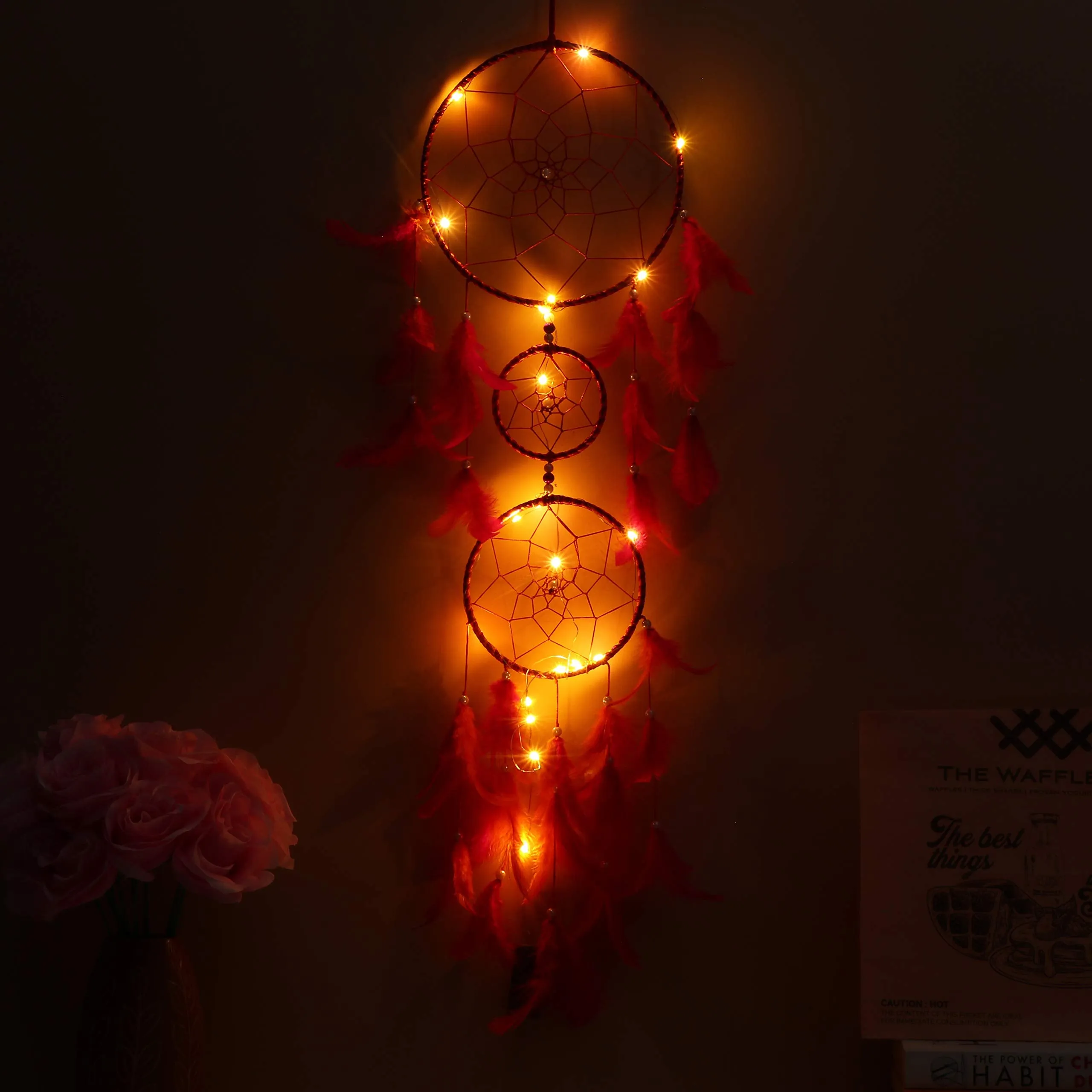 ILU Dream Catcher with Lights, Wall Hangings, Crafts, Home Decor, Bedroom - Orange & Pink Feathers (17 cm Diameter)