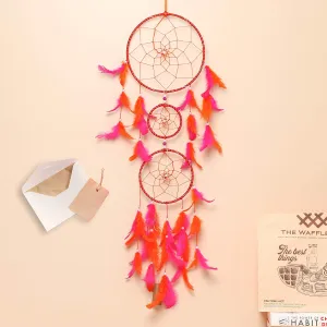 ILU Dream Catcher with Lights, Wall Hangings, Crafts, Home Decor, Bedroom - Orange & Pink Feathers (17 cm Diameter)