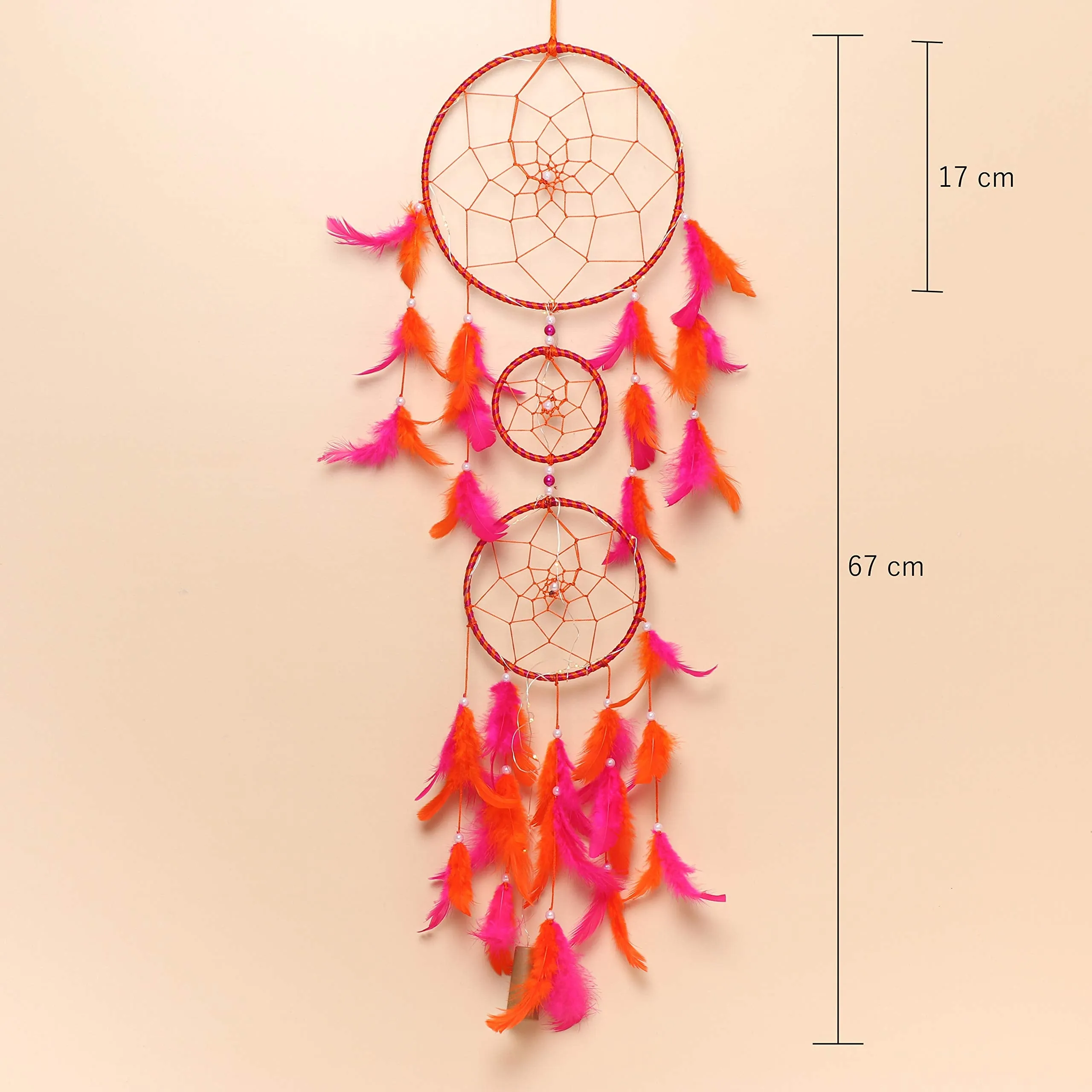 ILU Dream Catcher with Lights, Wall Hangings, Crafts, Home Decor, Bedroom - Orange & Pink Feathers (17 cm Diameter)