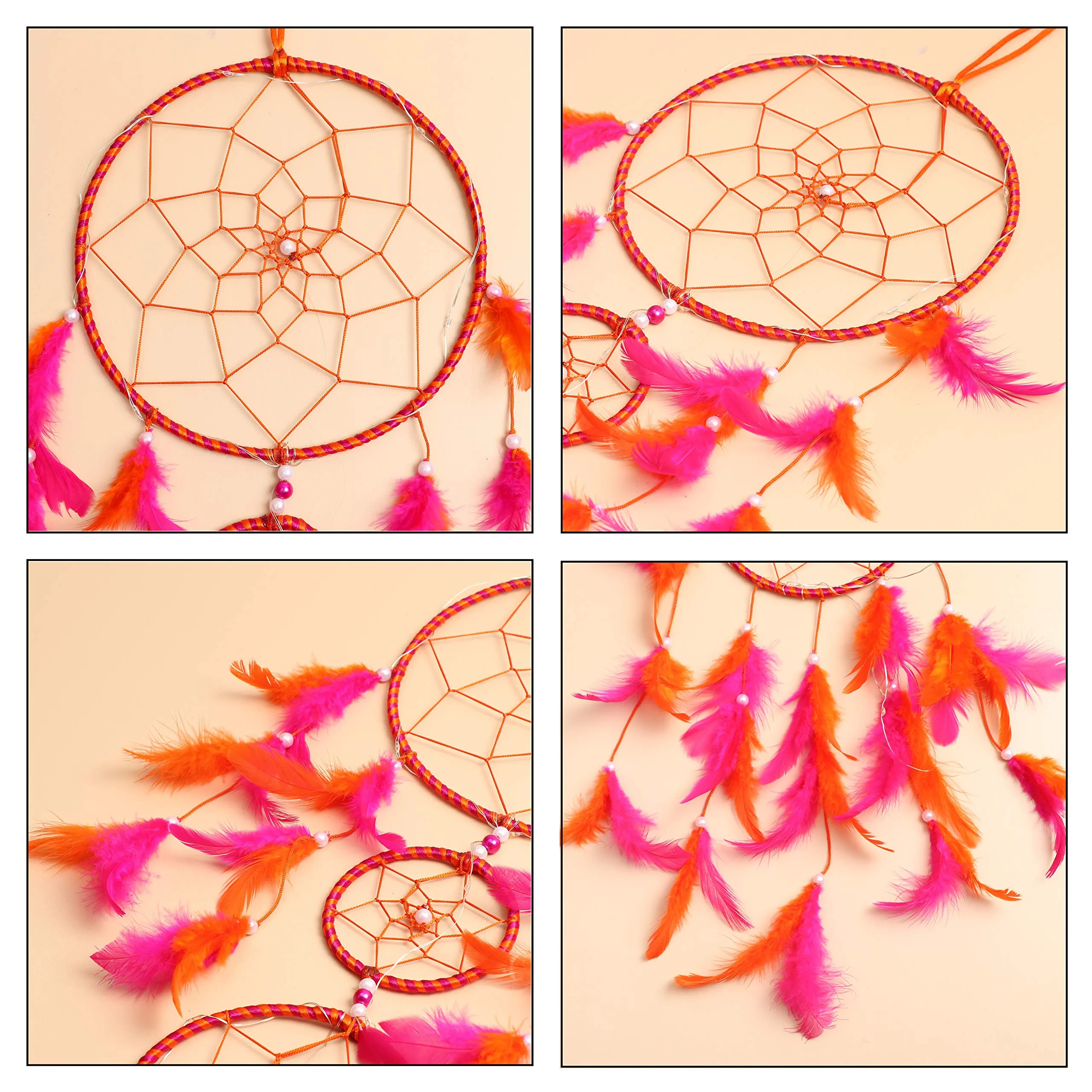 ILU Dream Catcher with Lights, Wall Hangings, Crafts, Home Decor, Bedroom - Orange & Pink Feathers (17 cm Diameter)