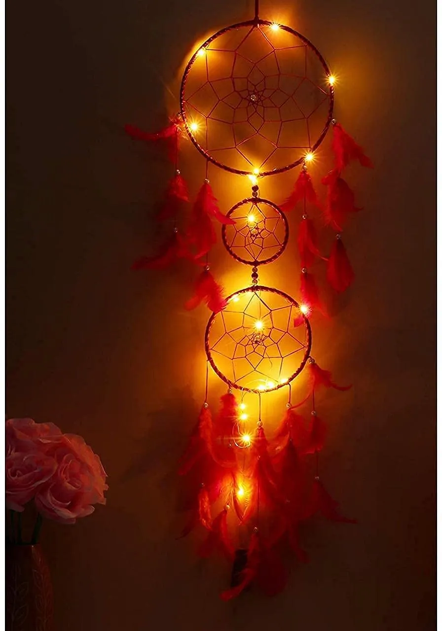 ILU Dream Catcher with Lights, Wall Hangings, Crafts, Home Decor, Bedroom - Orange & Pink Feathers (17 cm Diameter)