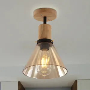 Industrial Cone Amber Glass Ceiling Light with Wood Mount for Foyer