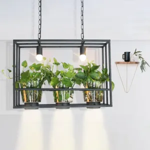 Industrial Iron Island Lamp with 3 Pendant Lights and Glass Plant Pot