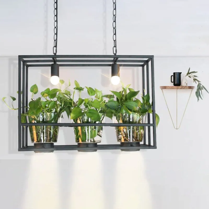 Industrial Iron Island Lamp with 3 Pendant Lights and Glass Plant Pot