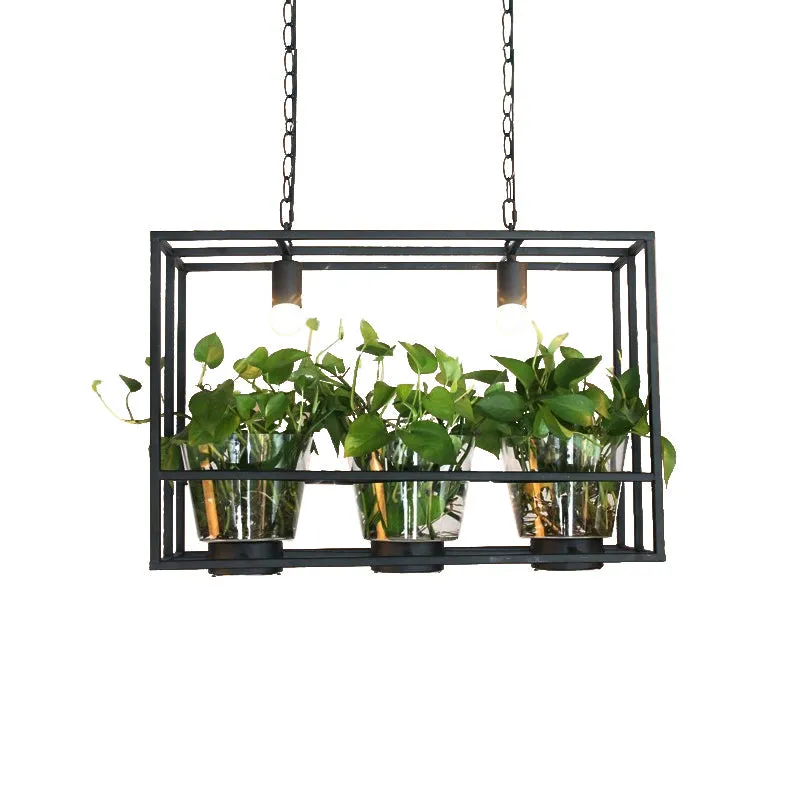 Industrial Iron Island Lamp with 3 Pendant Lights and Glass Plant Pot