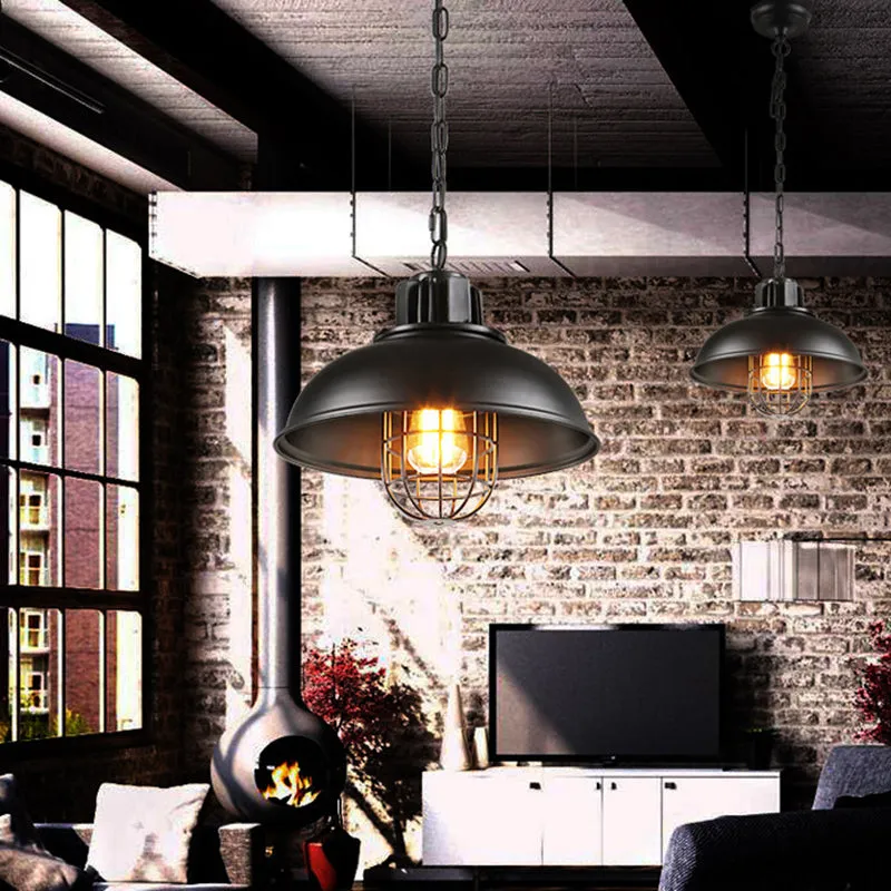 Industrial Metal Cage Pendant Ceiling Light in Black - Stylish Dining Room Hanging Lighting