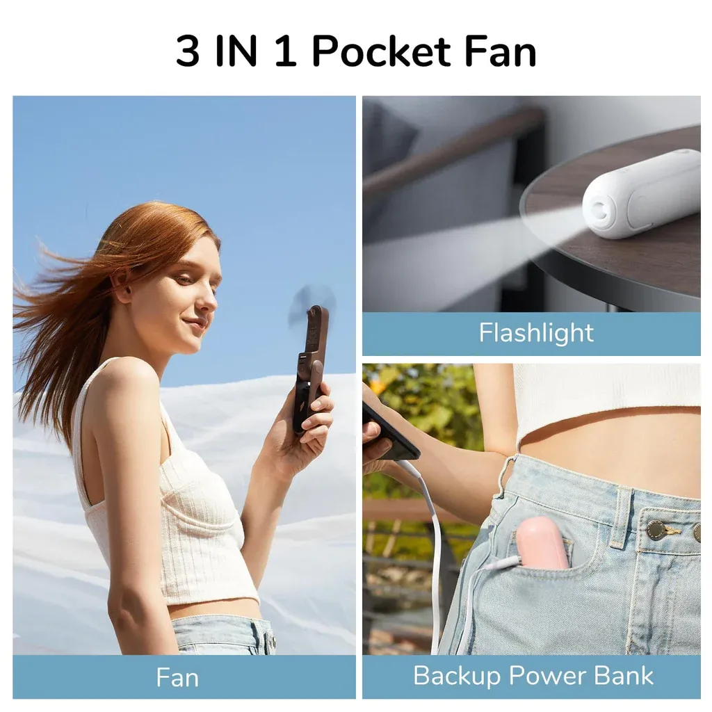 JISULIFE F8X Portable Fan / Battery Powered Portable Pocket Fan / USB Powered Handheld Fan - Brown / Pink