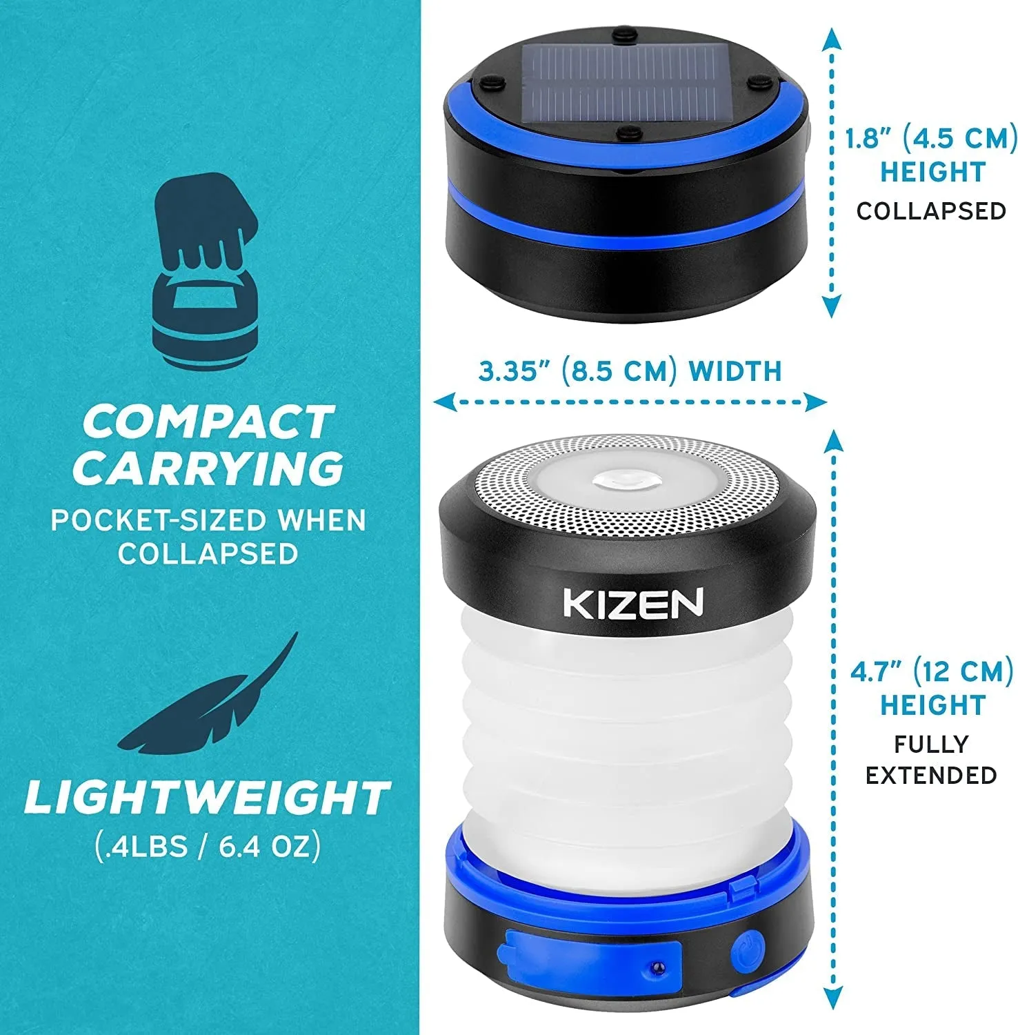 KIZEN Solar Lantern - Collapsible LED Camping Lantern - Rechargeable Solar - USB Portable Lamp and Phone Charger for Emergency, Power Outage, Hurricane - Tent Lights, Hiking, Backpacking Gear, Blue