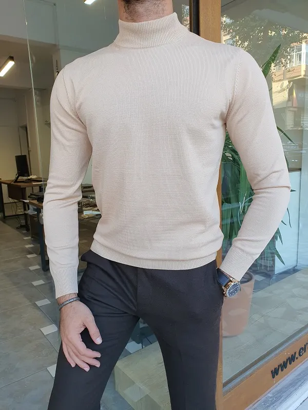 Light Beige Slim Fit Mock Turtleneck Sweater by GentWith.com