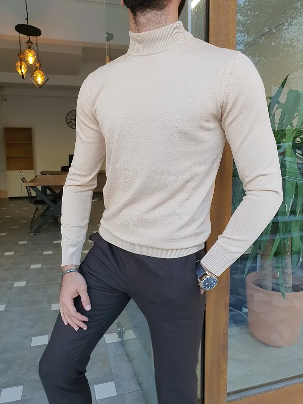 Light Beige Slim Fit Mock Turtleneck Sweater by GentWith.com