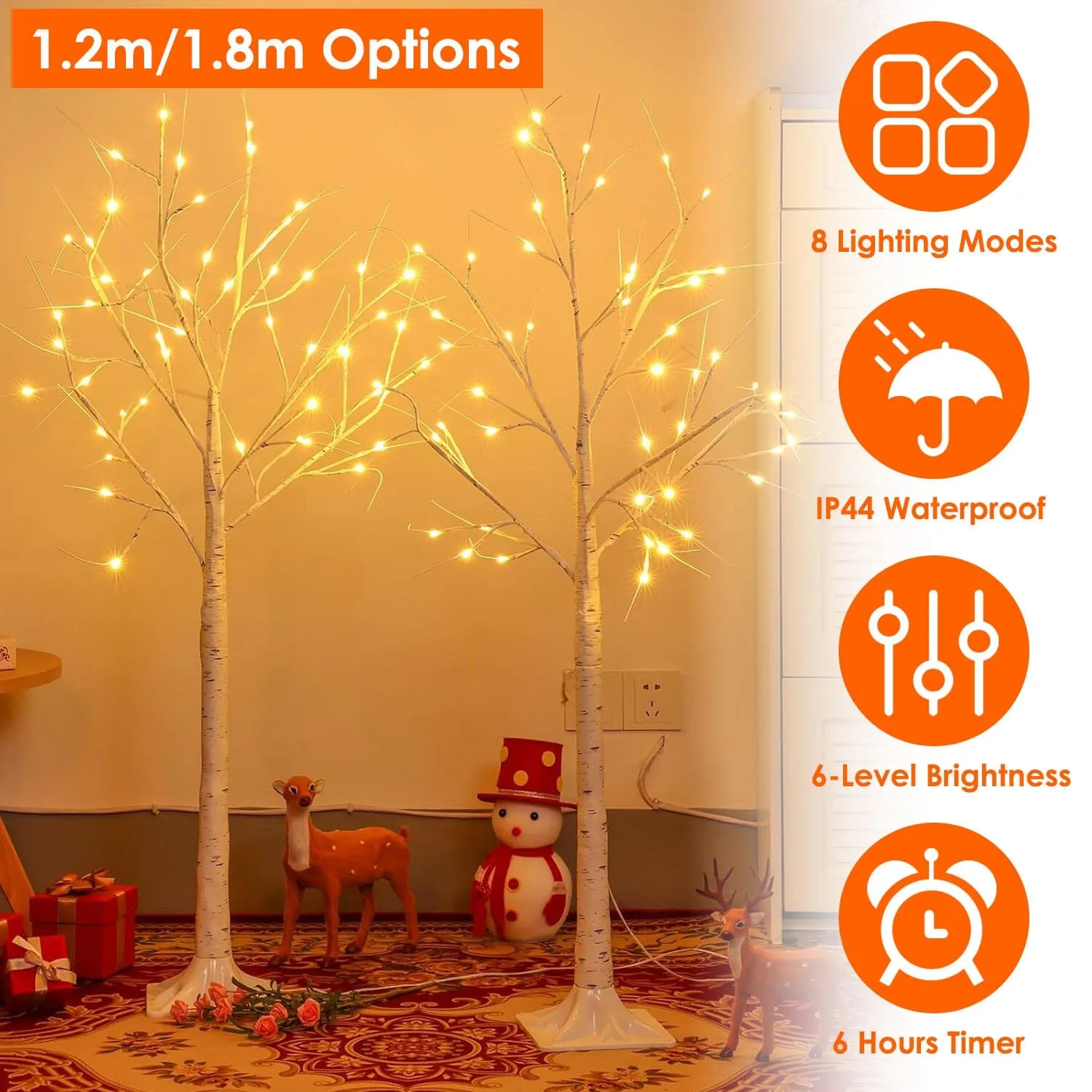 Lighted Birch Tree Artificial White Birch Tree Wig with 8 Warm White Lighting Modes