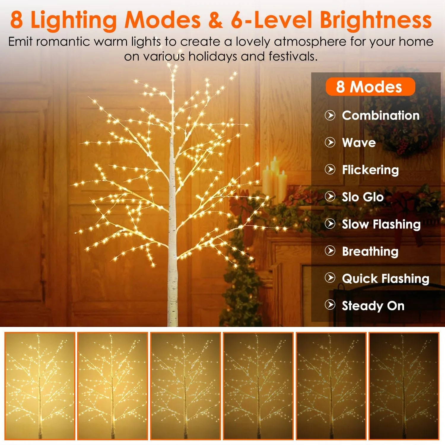 Lighted Birch Tree Artificial White Birch Tree Wig with 8 Warm White Lighting Modes