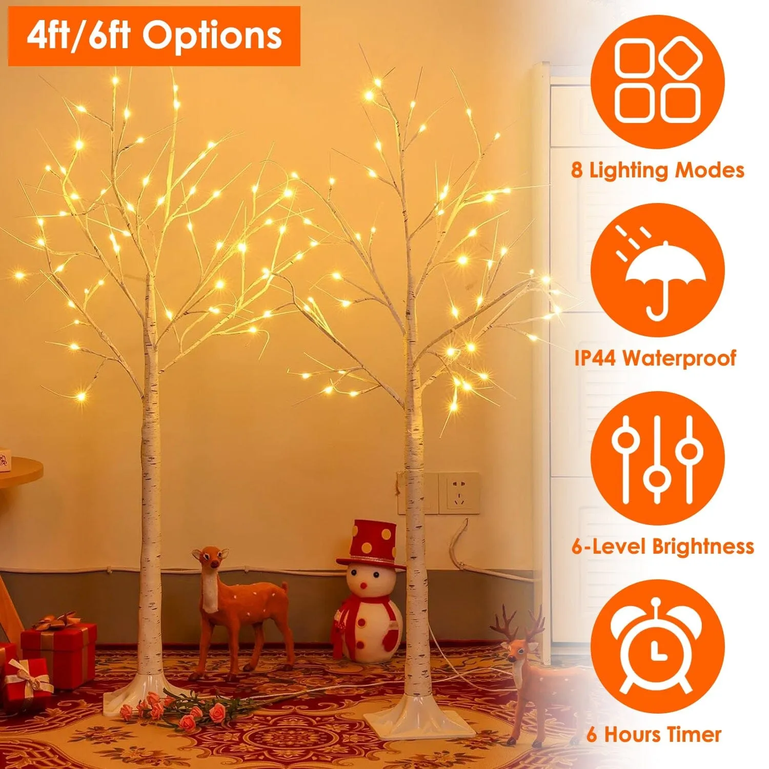 Lighted Birch Tree Artificial White Birch Tree Wig with 8 Warm White Lighting Modes