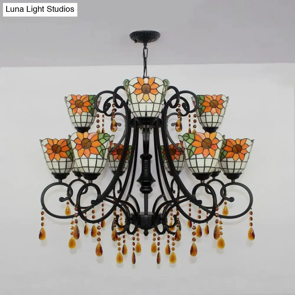 Lodge Bowl Chandelier: Stained Glass Inverted Chandelier with 11 Lights and Crystal in Orange