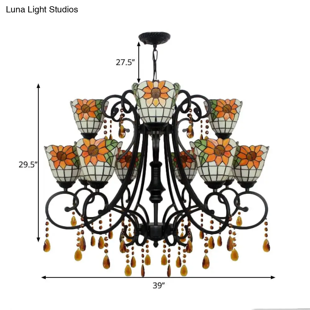 Lodge Bowl Chandelier: Stained Glass Inverted Chandelier with 11 Lights and Crystal in Orange