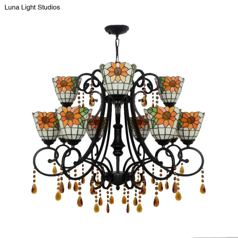 Lodge Bowl Chandelier: Stained Glass Inverted Chandelier with 11 Lights and Crystal in Orange