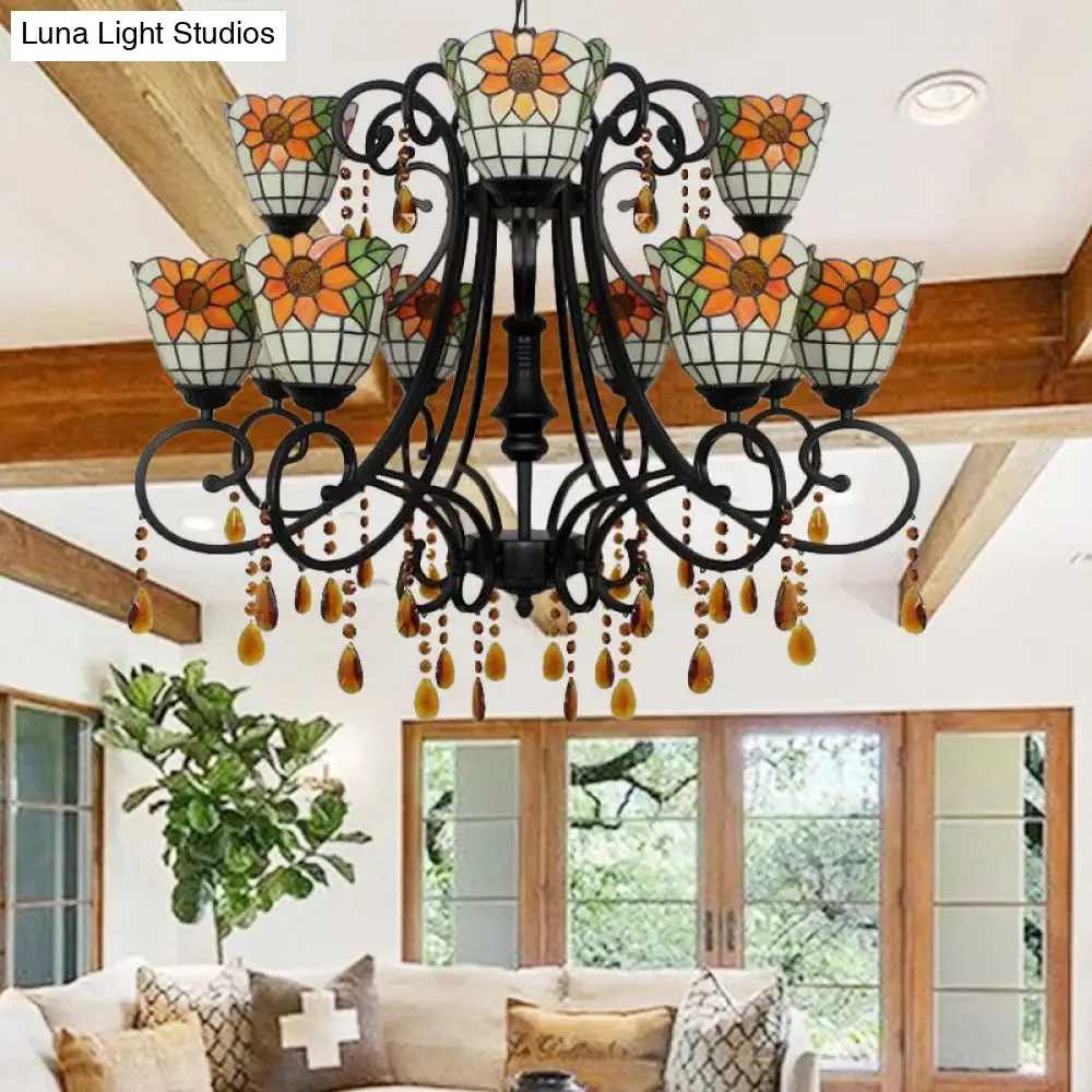 Lodge Bowl Chandelier: Stained Glass Inverted Chandelier with 11 Lights and Crystal in Orange