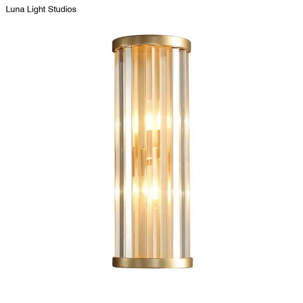 Metal Sconce Lighting: Modern Stylish 2-Light Cylinder Wall Fixture in Gold with Crystal Pipe