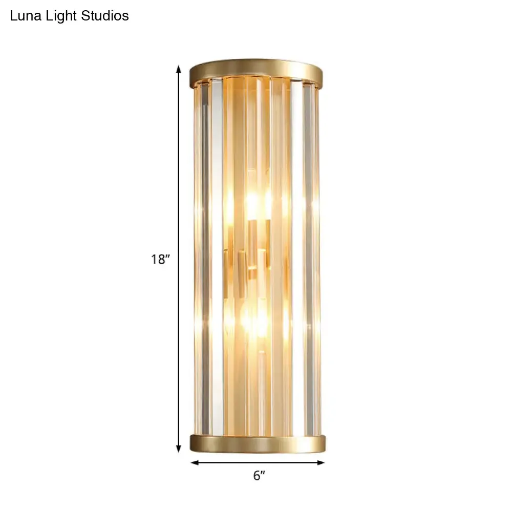 Metal Sconce Lighting: Modern Stylish 2-Light Cylinder Wall Fixture in Gold with Crystal Pipe