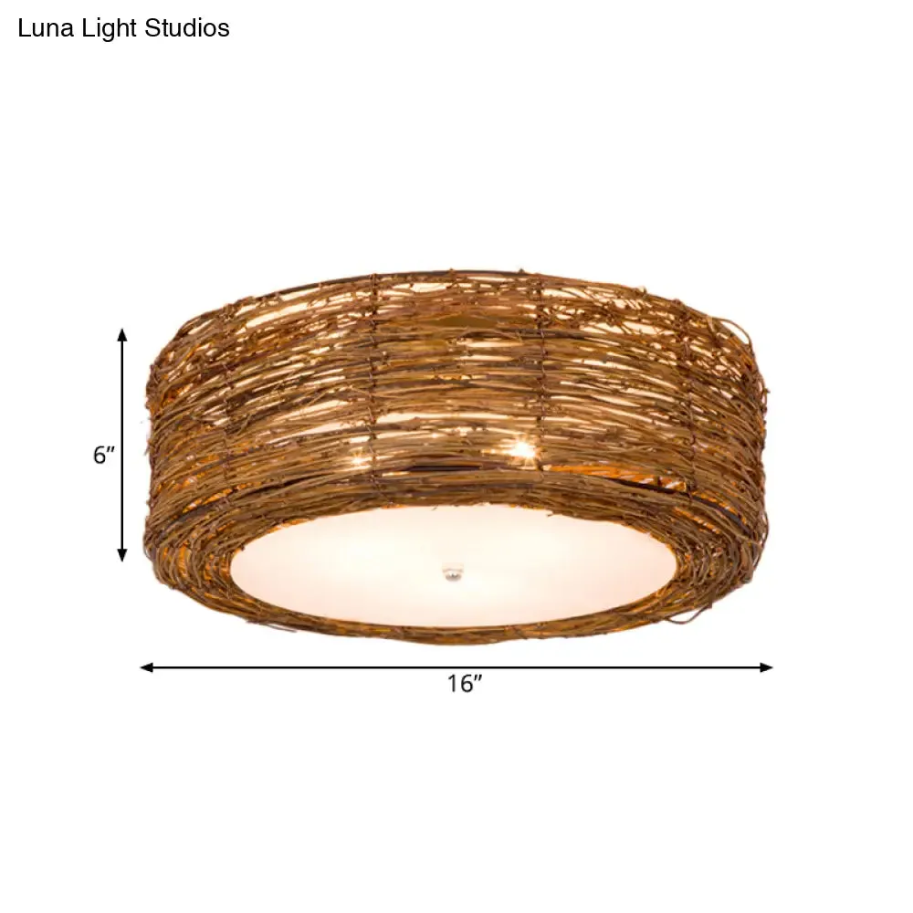 Modern Hand-Woven Flush Mount Rattan Lamp with 3 Lights - Brown, 16"/19.5" W