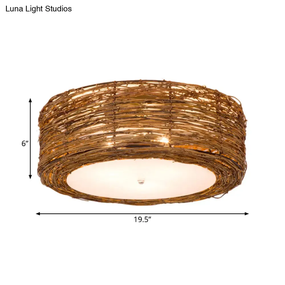 Modern Hand-Woven Flush Mount Rattan Lamp with 3 Lights - Brown, 16"/19.5" W