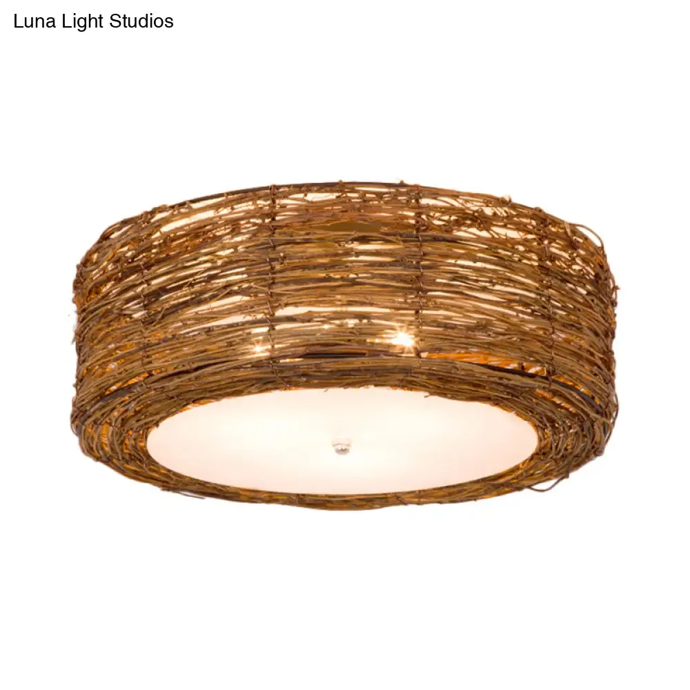 Modern Hand-Woven Flush Mount Rattan Lamp with 3 Lights - Brown, 16"/19.5" W