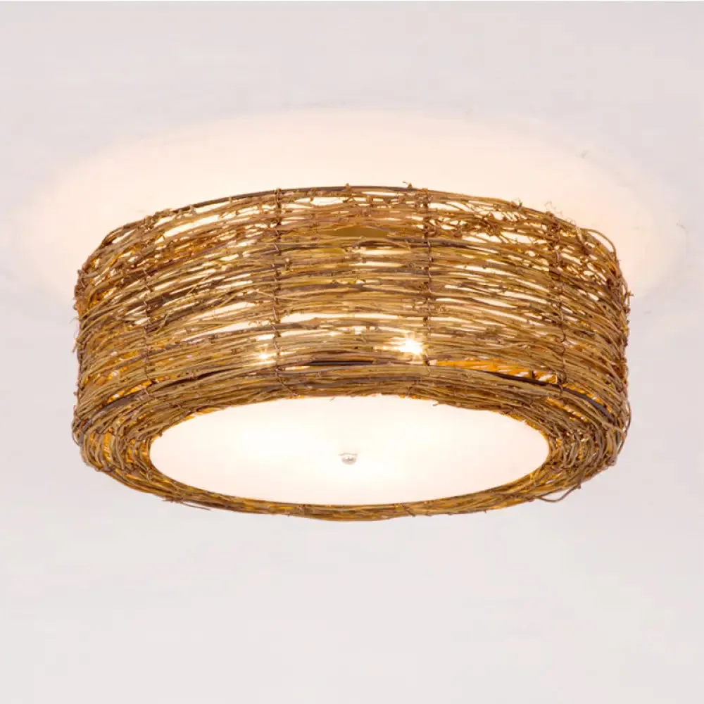 Modern Hand-Woven Flush Mount Rattan Lamp with 3 Lights - Brown, 16"/19.5" W