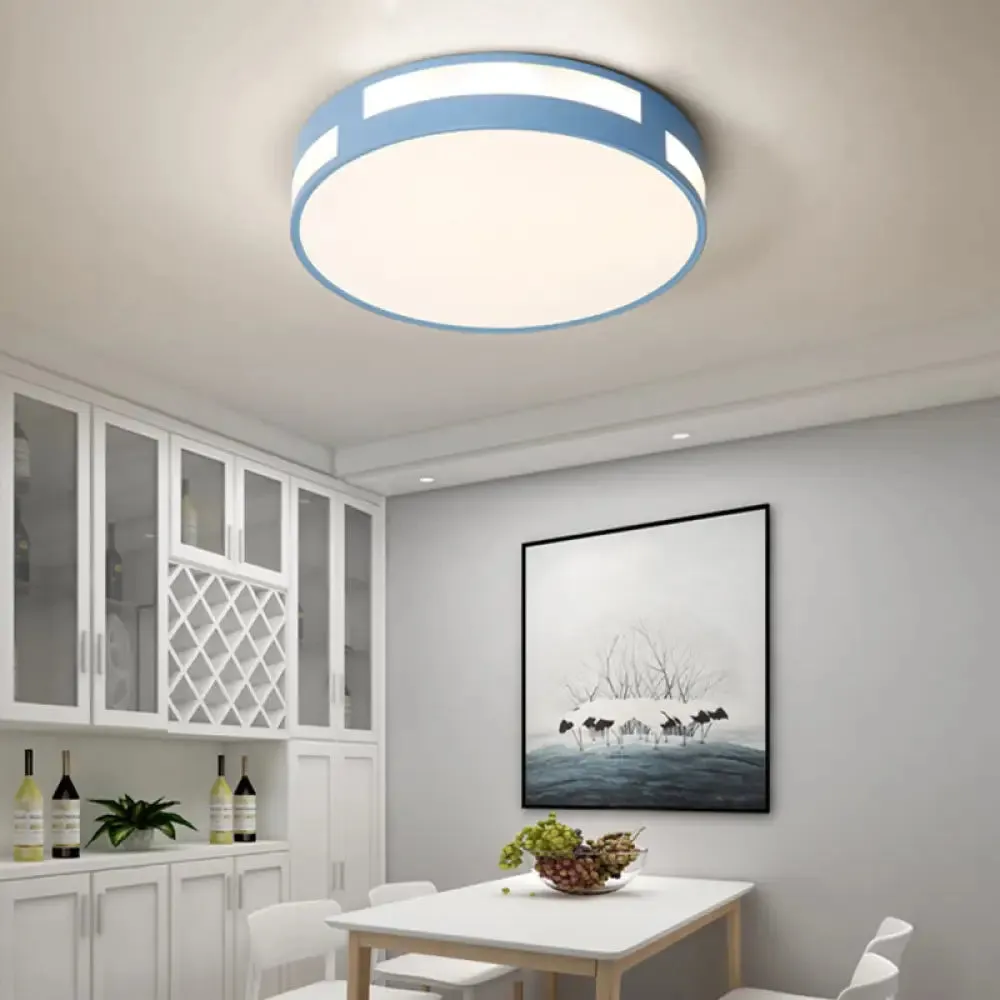 Modern Nordic LED Flush Ceiling Light with Round Acrylic Shade in Blue/Green/Pink/Yellow