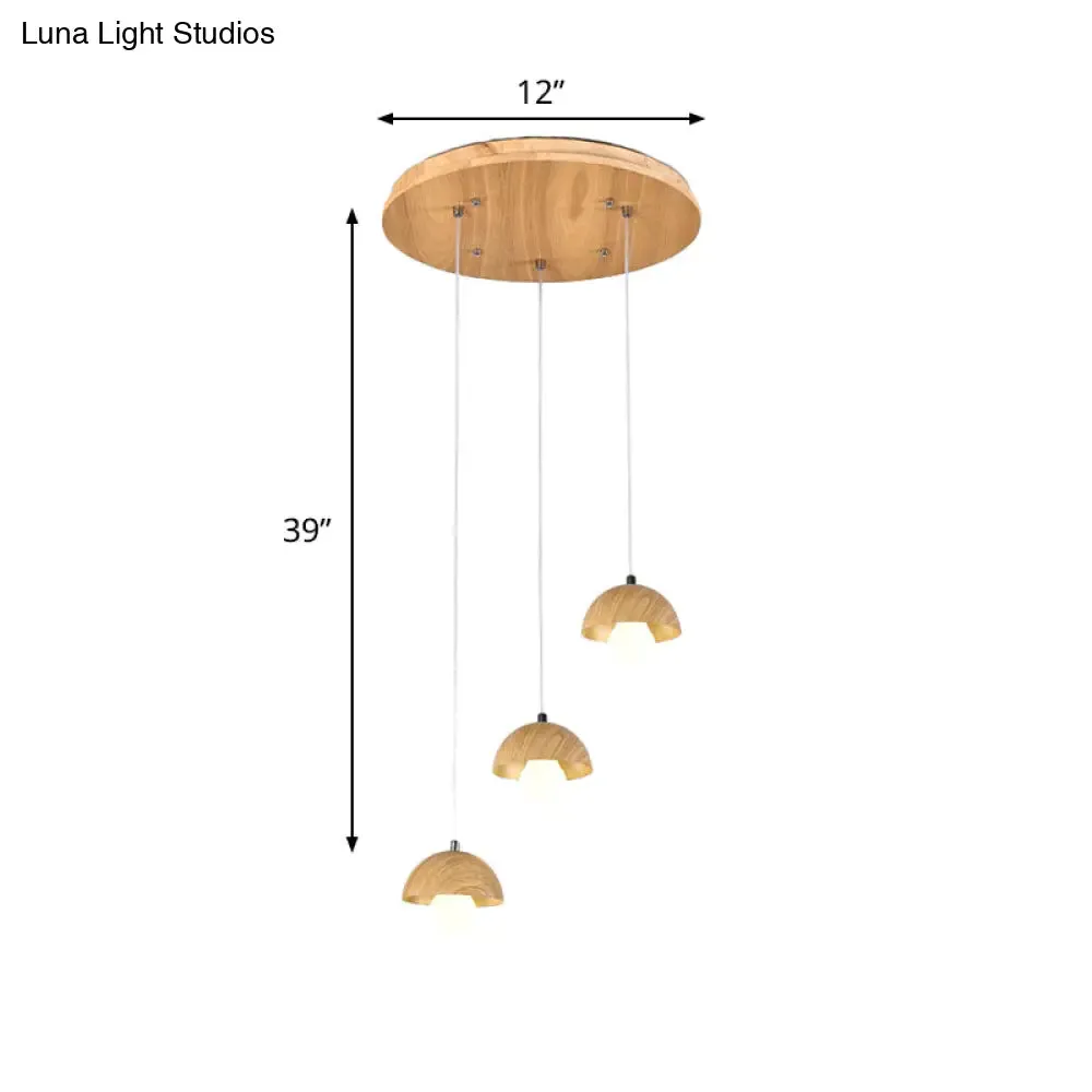 Modern Wood Dome Pendant Chandelier with 3 Beige Bulbs - Stylish Hanging Ceiling Lamp