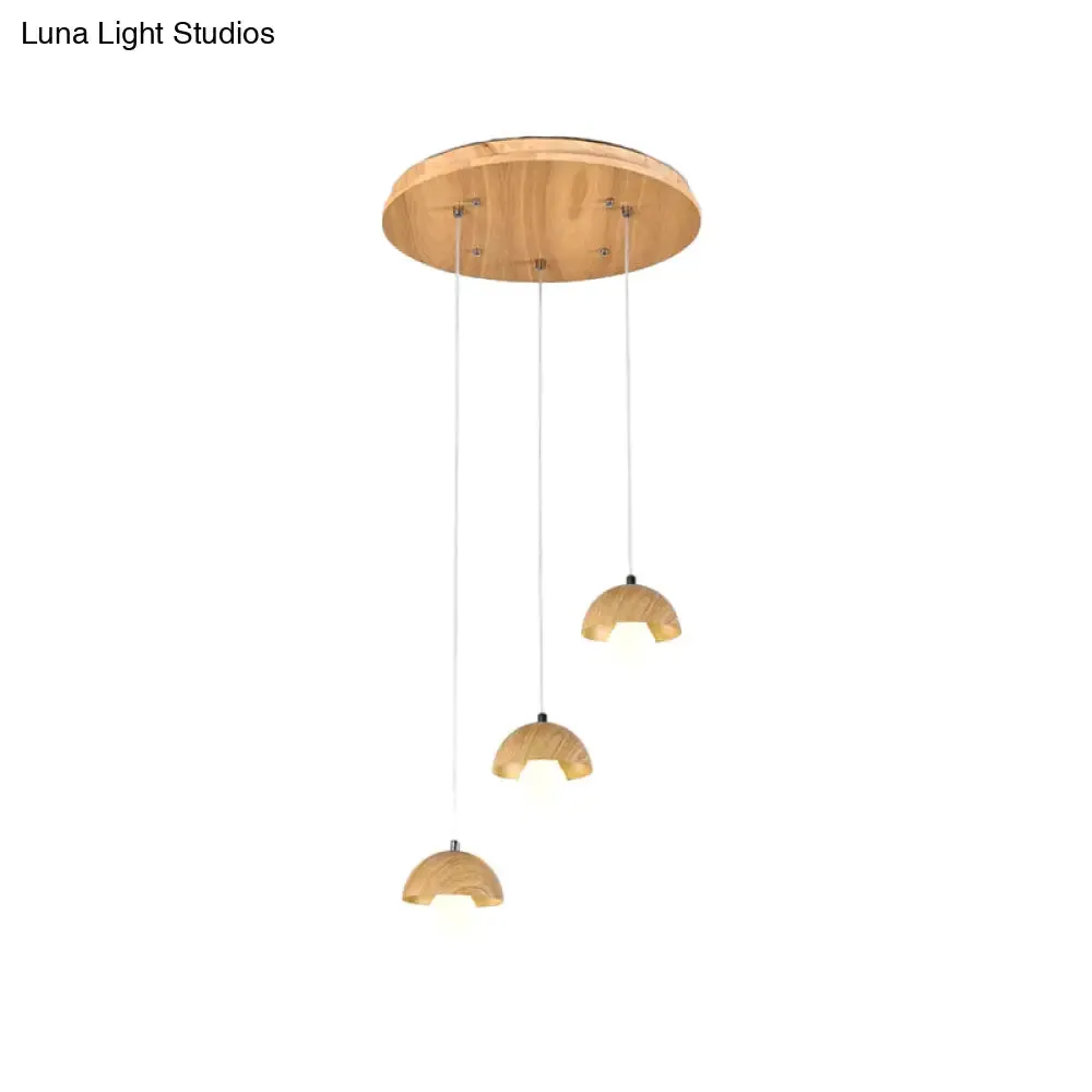 Modern Wood Dome Pendant Chandelier with 3 Beige Bulbs - Stylish Hanging Ceiling Lamp