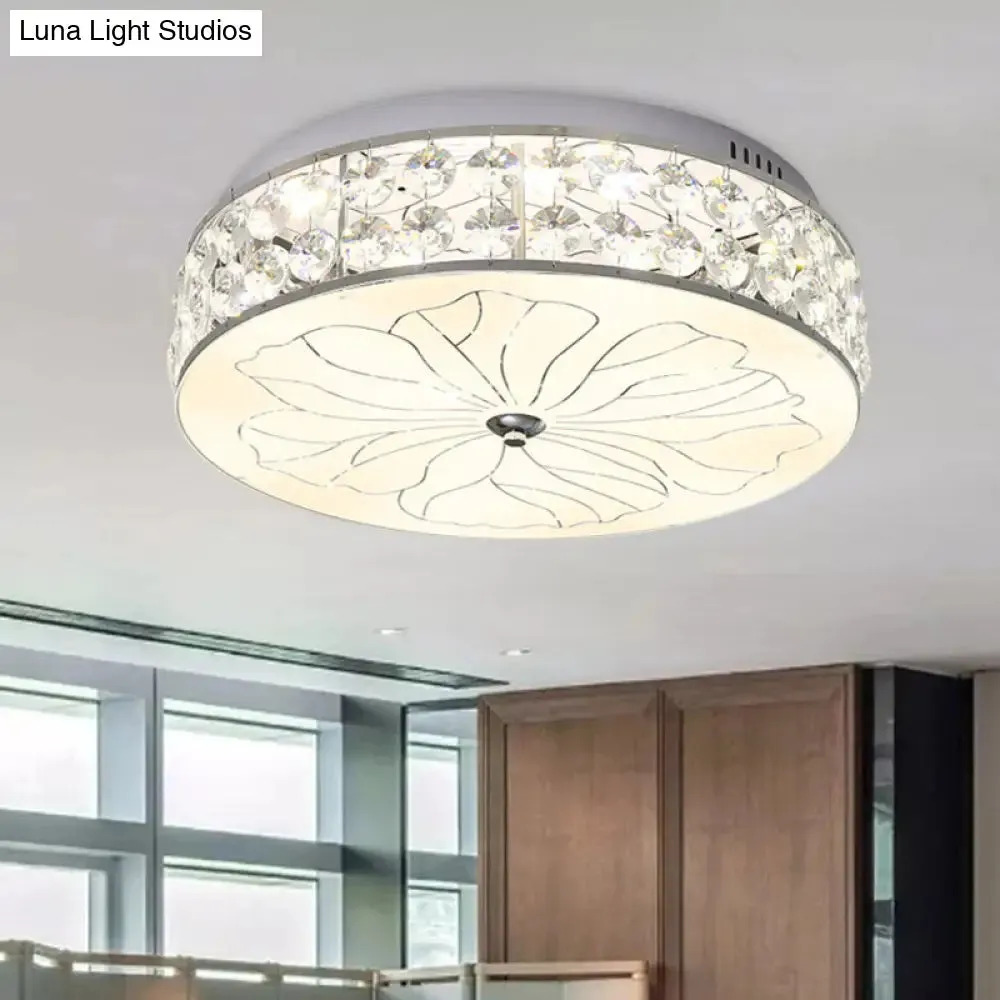 Nickel LED Round Flushmount Crystal Ceiling Light Fixture with Opal Glass Diffuser - Modern and Stylish