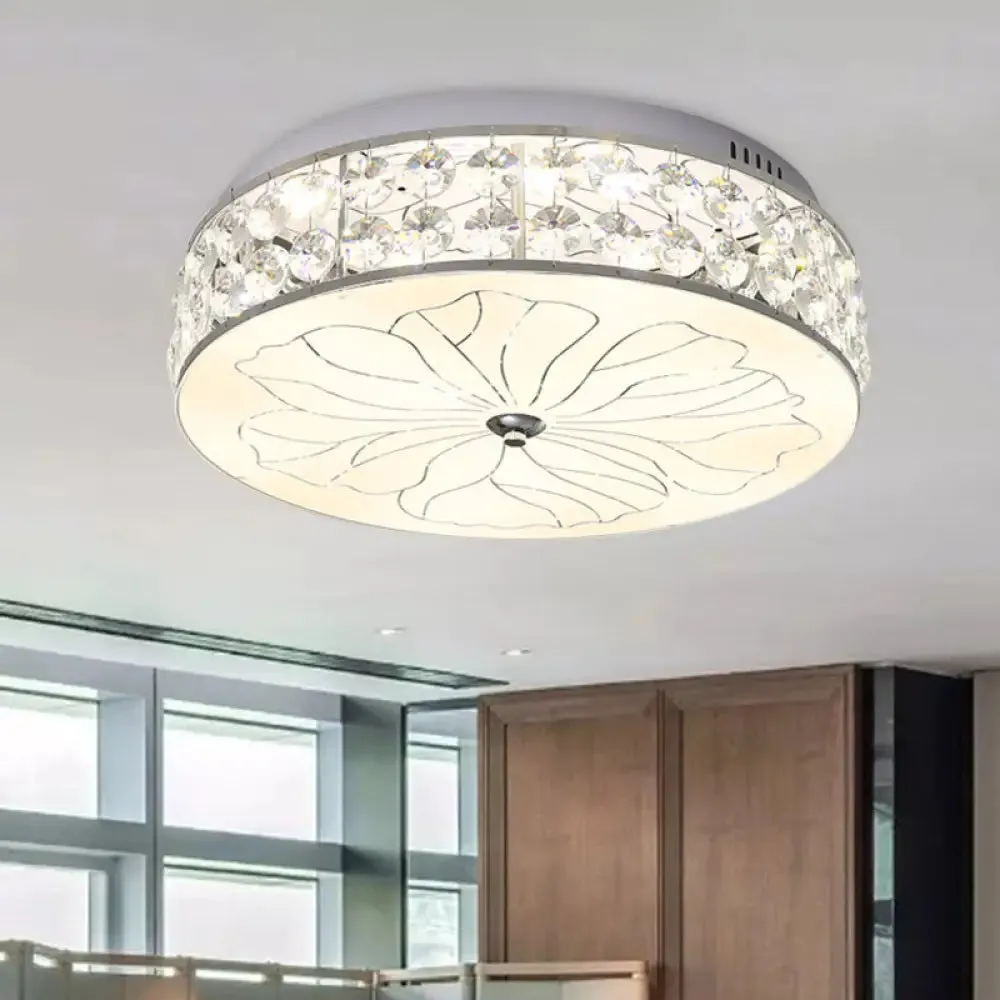 Nickel LED Round Flushmount Crystal Ceiling Light Fixture with Opal Glass Diffuser - Modern and Stylish