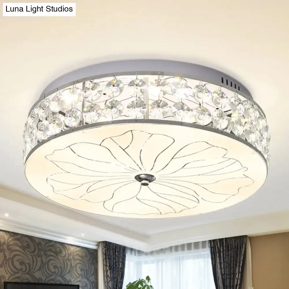 Nickel LED Round Flushmount Crystal Ceiling Light Fixture with Opal Glass Diffuser - Modern and Stylish