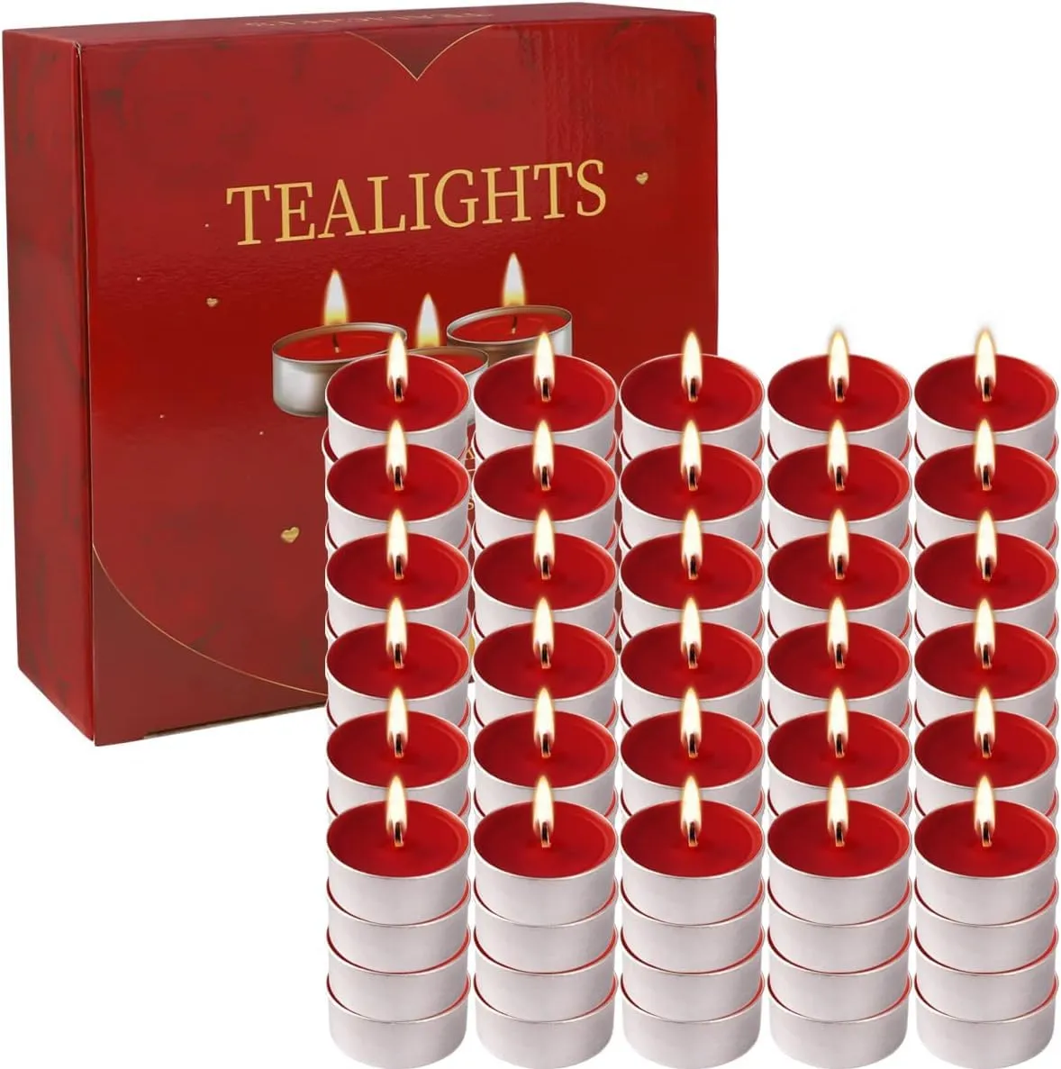 NIVAKINI 100 Pcs Red Tea Lights Candles, Smokeless Tealight Candles 5 Hours Burning, Unscented Dripless Candles Bulk for Dinner Party, Home Decoration, Valentine's Day