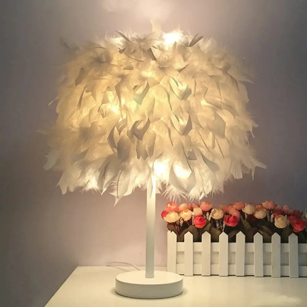 Nordic Feather Cylinder Table Lamp: Single-Bulb Nightstand Lighting for Bedroom