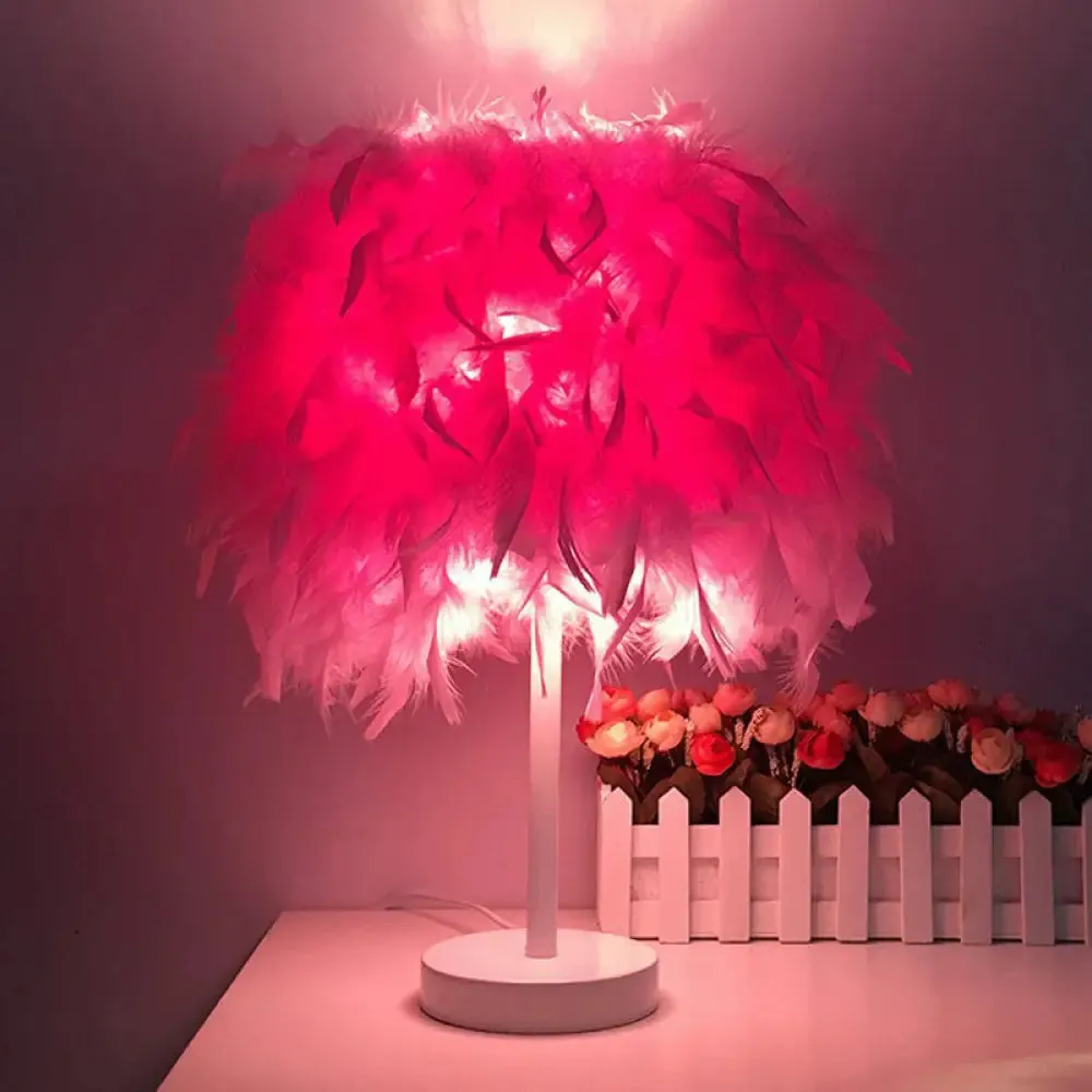 Nordic Feather Cylinder Table Lamp: Single-Bulb Nightstand Lighting for Bedroom