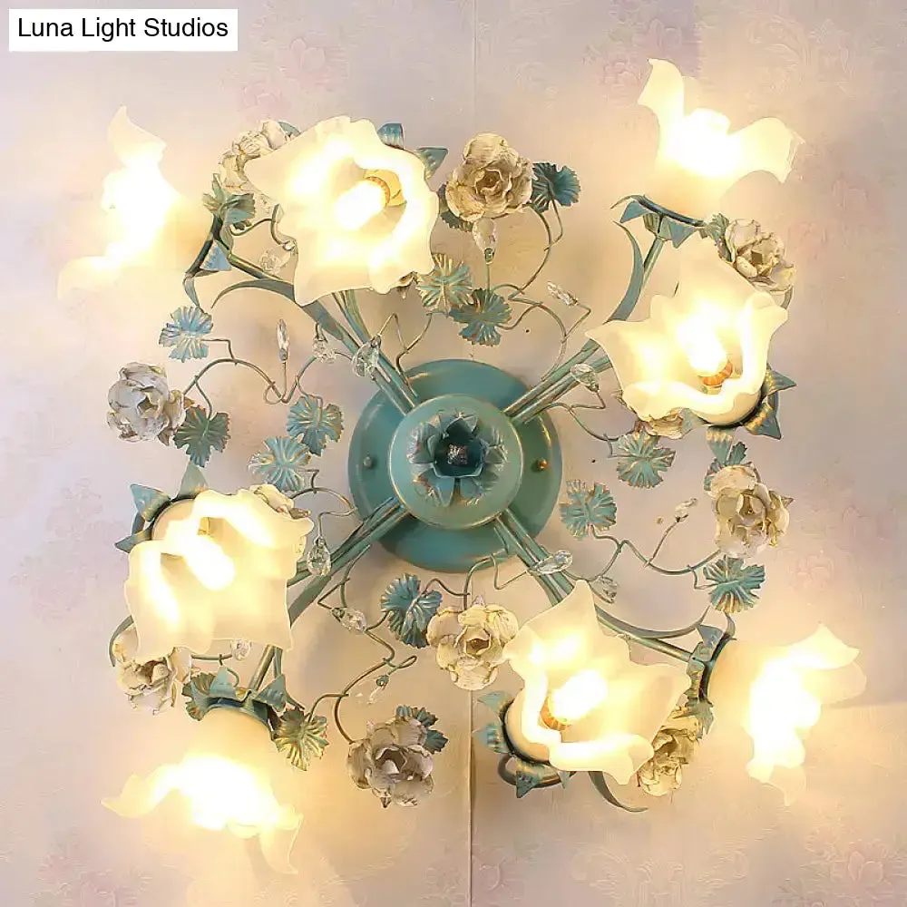 Pastoral Style Blue Semi Flush Ceiling Light with Frost White Glass - Perfect for Bedroom Lighting