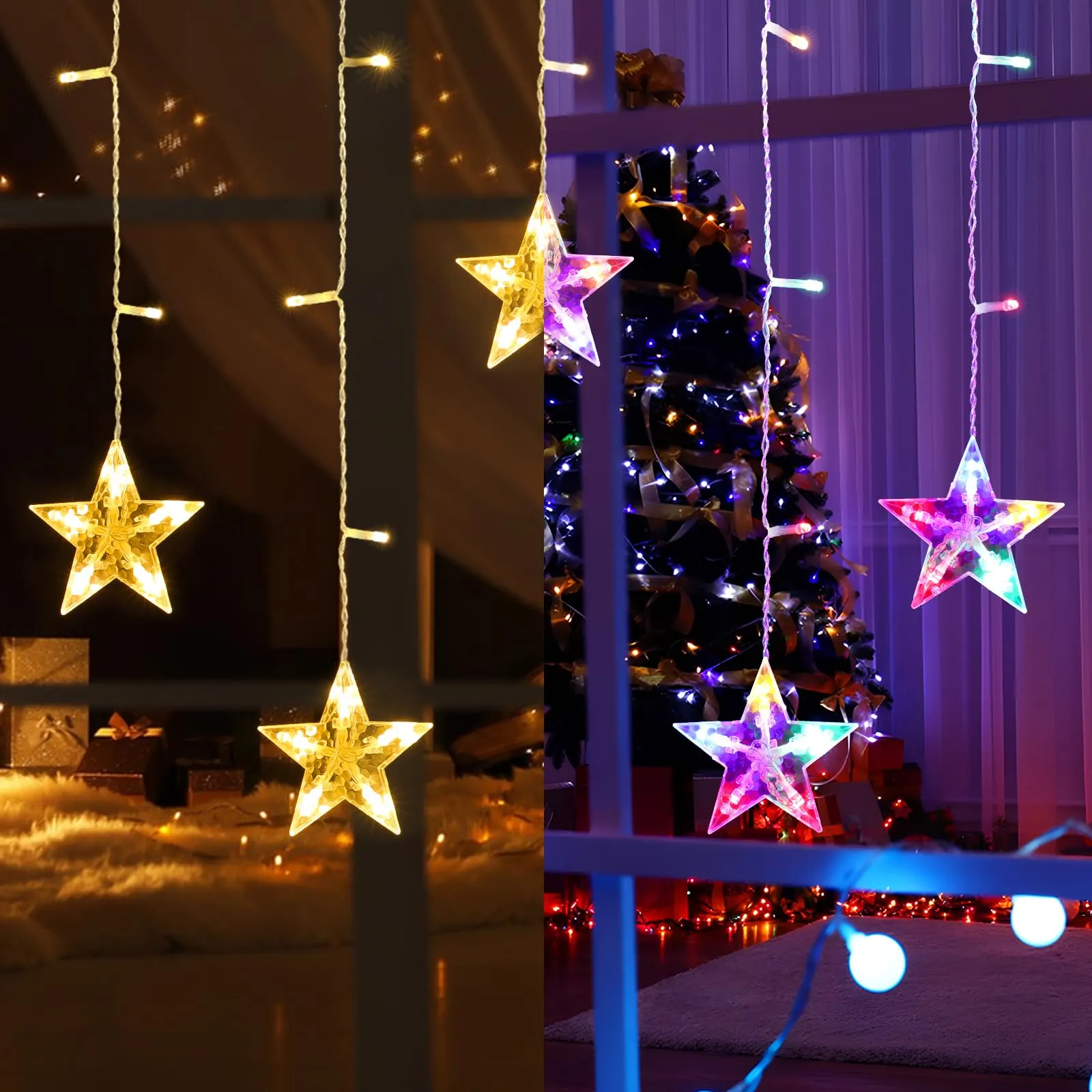 Quntis Star Curtain Lights, 5 Twinkling Stars 36Leds Christmas Lights Battery Operated with Timer and 8 Lighting Modes, Fairy String Lights for Bedroom Window Wedding Party Valentines Day