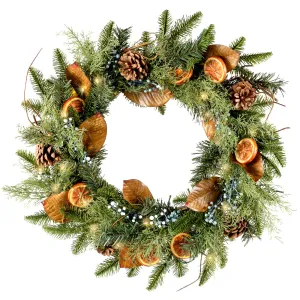 Red Co. 26” Decorative Artificial Light-Up Christmas Wreath with Orange Slices, Battery-Operated LED Lights with Timer