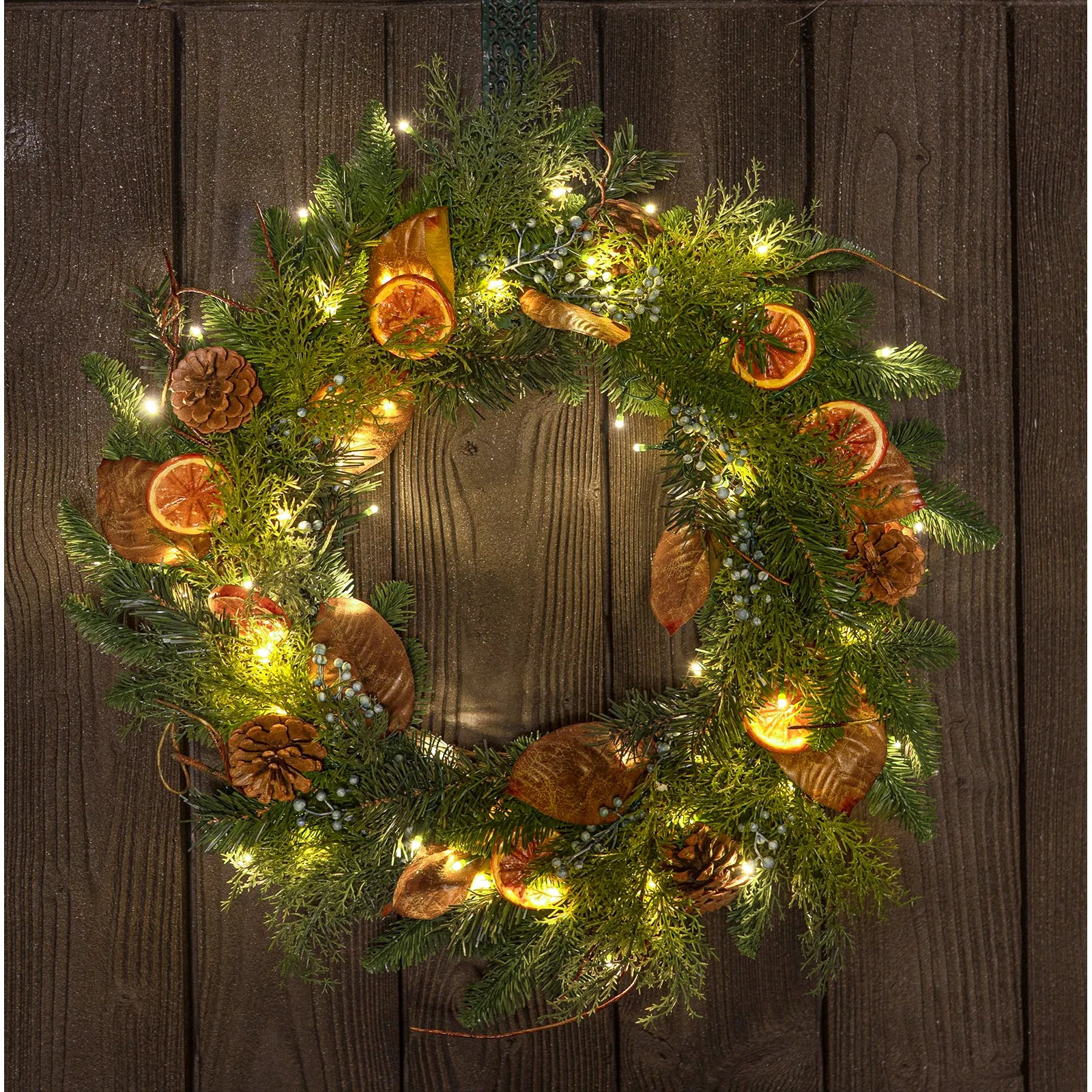 Red Co. 26” Decorative Artificial Light-Up Christmas Wreath with Orange Slices, Battery-Operated LED Lights with Timer