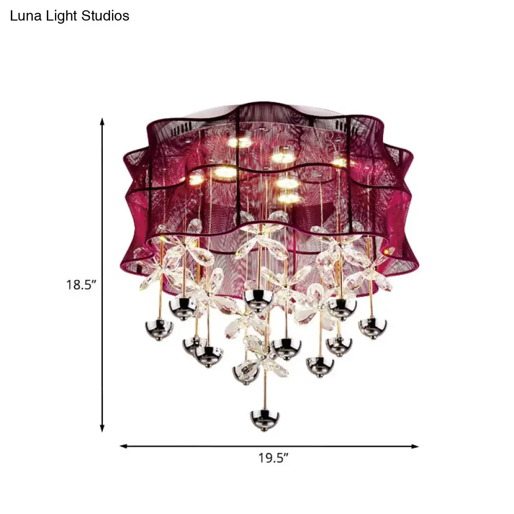 Romantic Modern Red Flushmount Lamp - Fabric Bedroom LED Ceiling Light with Dangling Crystals