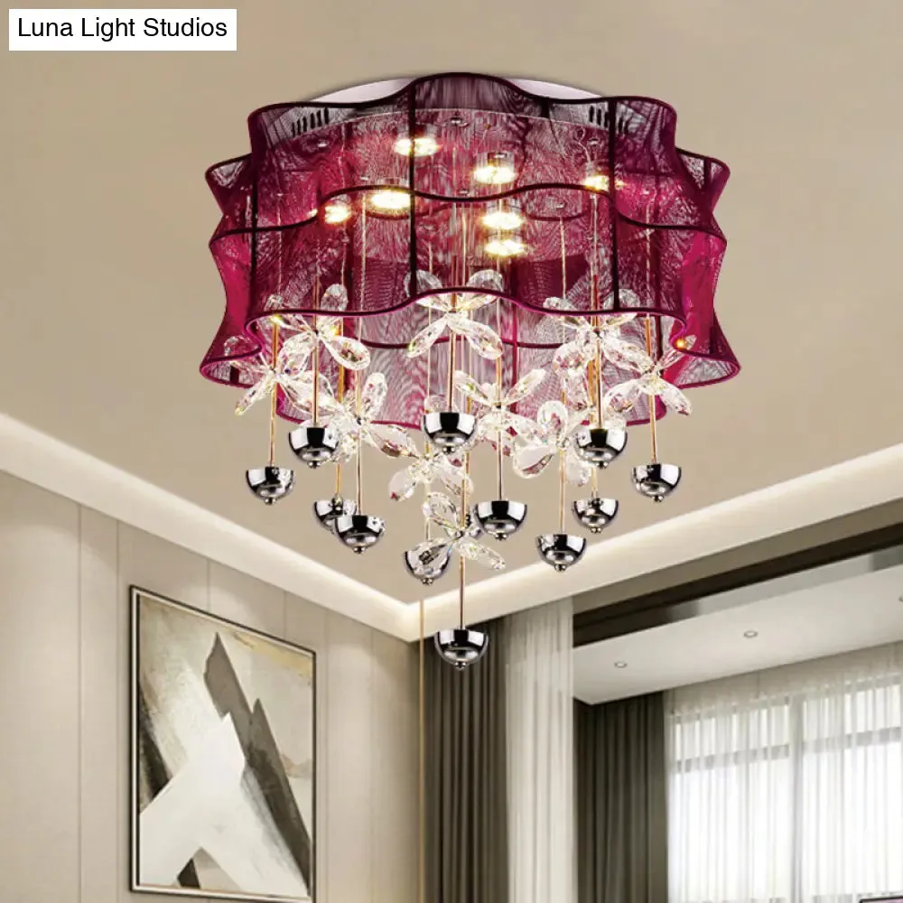 Romantic Modern Red Flushmount Lamp - Fabric Bedroom LED Ceiling Light with Dangling Crystals