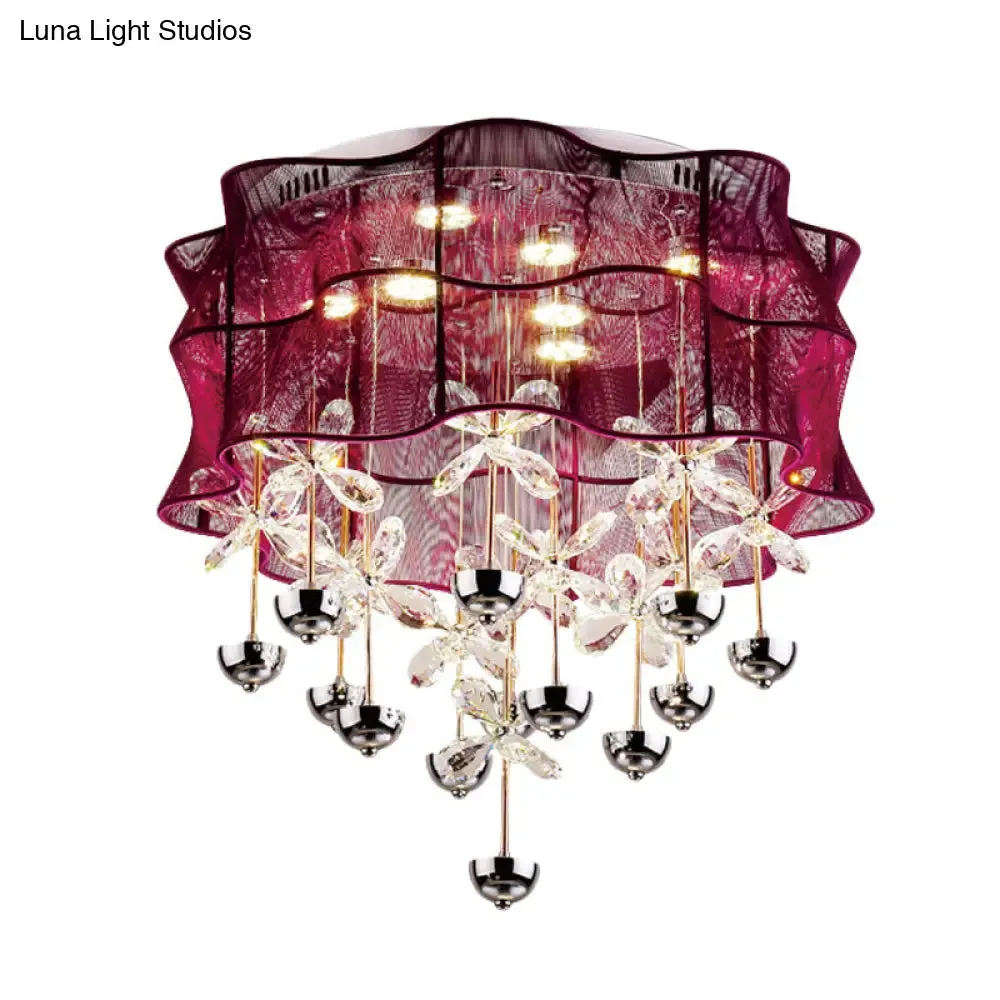 Romantic Modern Red Flushmount Lamp - Fabric Bedroom LED Ceiling Light with Dangling Crystals