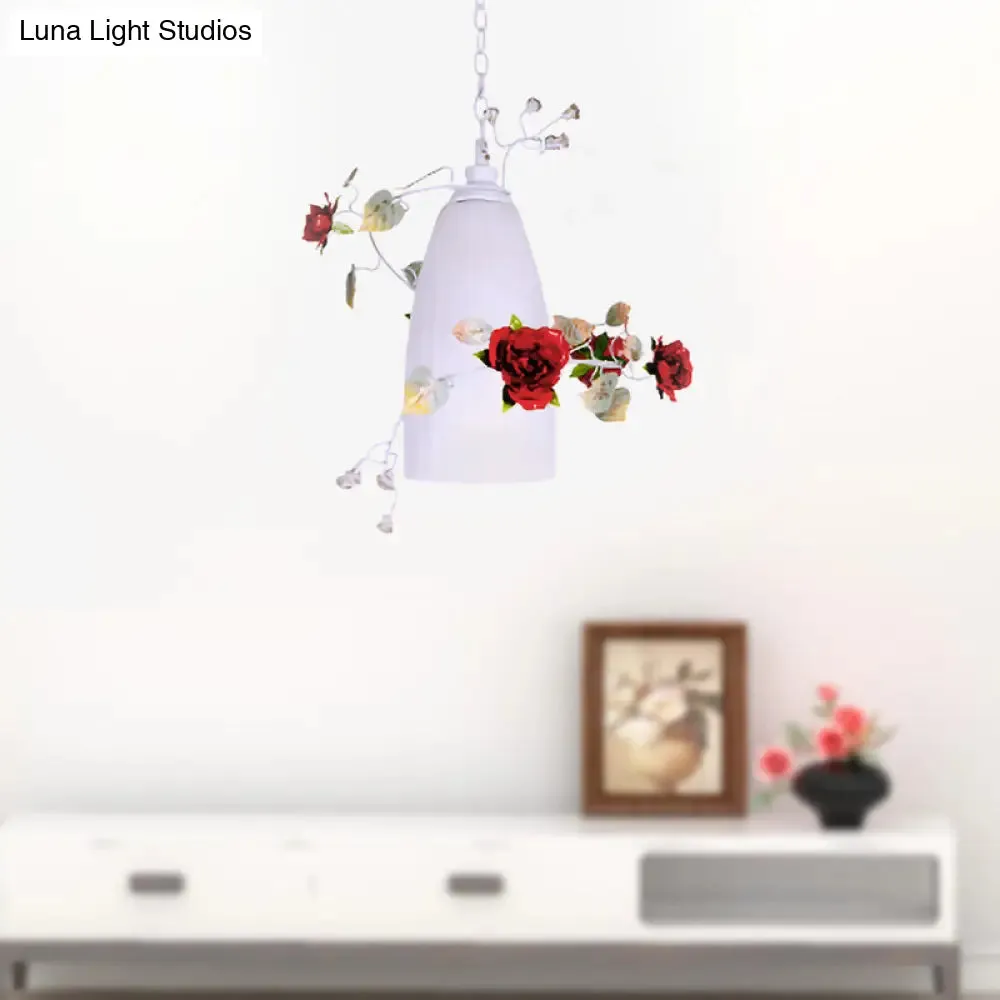 Romantic Pastoral 1-Light White Glass Pendant with Red Flower