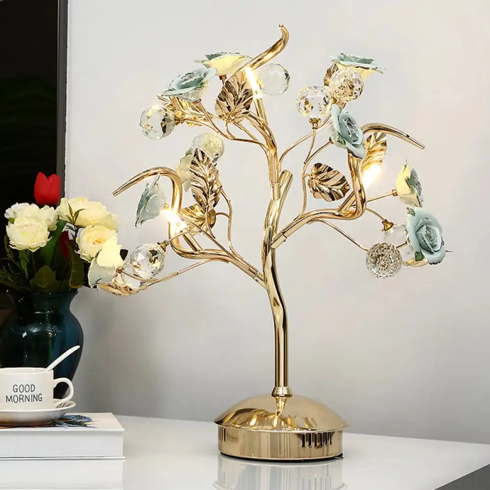 Romantic Pastoral Ceramic Flowering Tree Table Lamp with 3-Head Nightstand Light