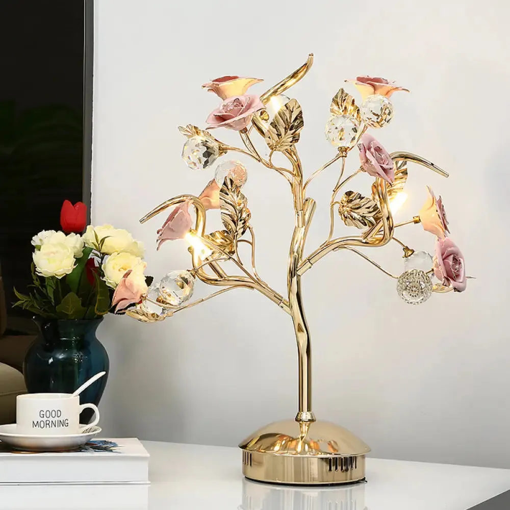 Romantic Pastoral Ceramic Flowering Tree Table Lamp with 3-Head Nightstand Light