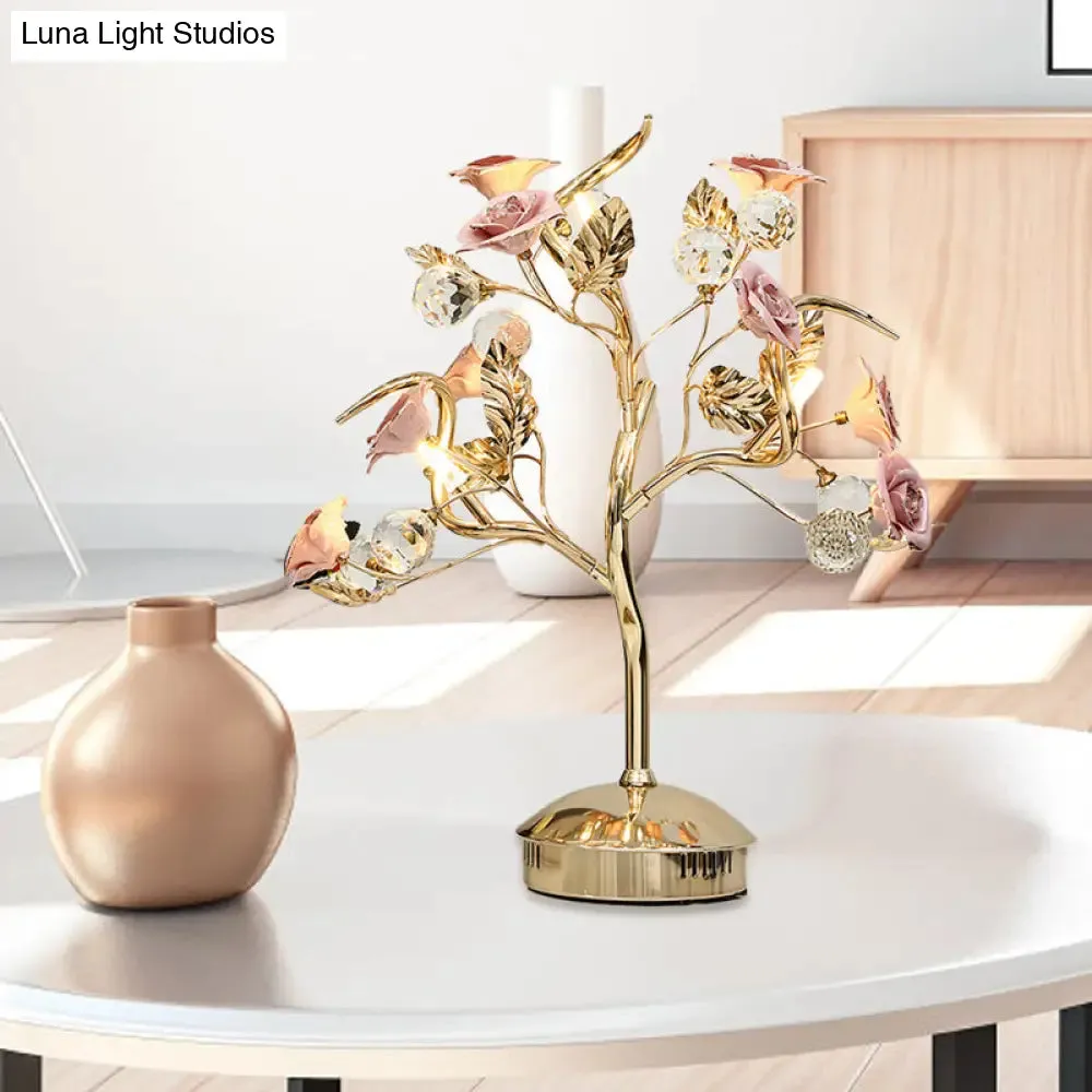 Romantic Pastoral Ceramic Flowering Tree Table Lamp with 3-Head Nightstand Light