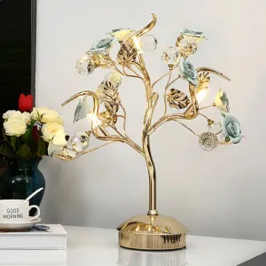 Romantic Pastoral Ceramic Flowering Tree Table Lamp with 3-Head Nightstand Light