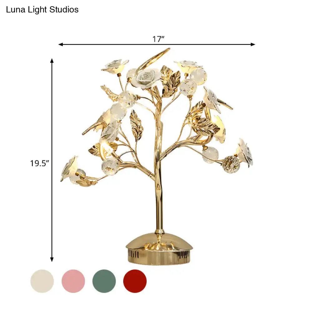 Romantic Pastoral Ceramic Flowering Tree Table Lamp with 3-Head Nightstand Light